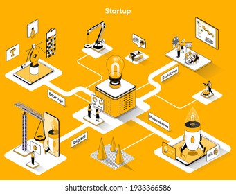 Startup isometric web banner. Innovation solution of business flat isometry concept. Development of new products or services, teamwork 3d scene design. Vector illustration with tiny people characters