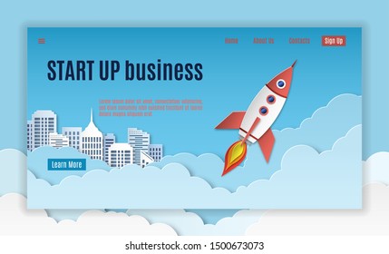 Startup landing. Mobil interface template of creative company project starting page vector website concept and banners form for apps with rocket start