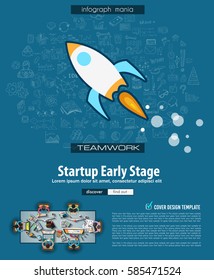 Startup Landing Page Brochure template with hand drawn sketches and a lot of infographic design elements and mockups. Teamwork ideas, branstorming sessions and generic business plan presentationsl.