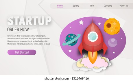 Startup Landing Page - Rocket Flying in Space with Planets, Start Up Concept. Vector Illustration for Web Page, Website, Banner, Social Media.