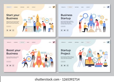 Startup landing pages. Web business sites design templates office managers director successful people launch startup vector symbols