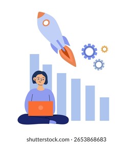 Lançamento e aceleração de start-ups - equipe de negócios com laptop, foguete, gráfico de lucro e megafone. Ilustração plana do trabalho em equipe e do crescimento dos negócios.
