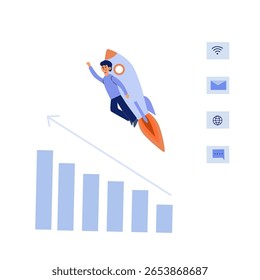 Startup Launch und Beschleunigung - Business-Team mit Laptop, Rakete, Profit Chart und Megaphon. Flaches Beispiel für Teamarbeit und Unternehmenswachstum.