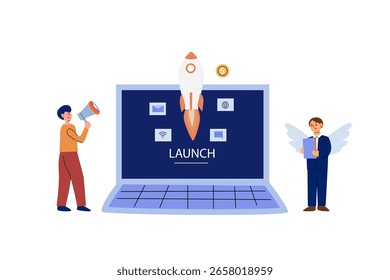 Lanzamiento y aceleración de startups: equipo de negocios con laptop, cohete, gráfico de ganancias y megáfono. Ilustración plana del trabajo en equipo y el crecimiento del negocio.