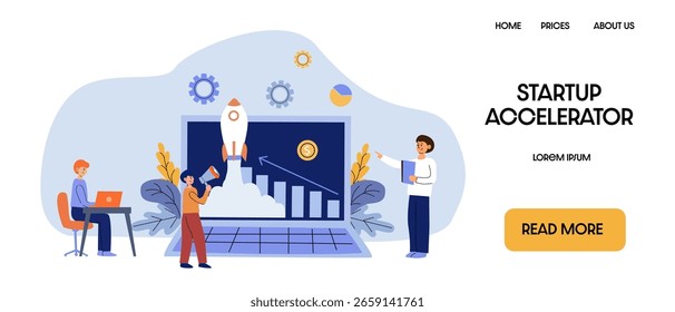 Startup launch and acceleration - business team with laptop, rocket, profit chart and megaphone. Flat illustration of teamwork and business growth.