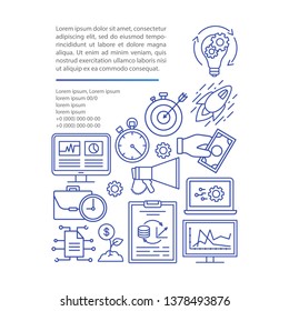 Startup launch article page vector template. Planning new business. Brochure, magazine, booklet design element with linear icons and text boxes. Print design. Concept illustrations with text space