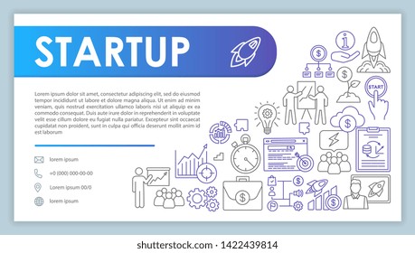 Startup launch banner, business card vector template. Project management. Company contact with phone, email linear icons. Business development. Presentation, web page idea. Corporate print layout