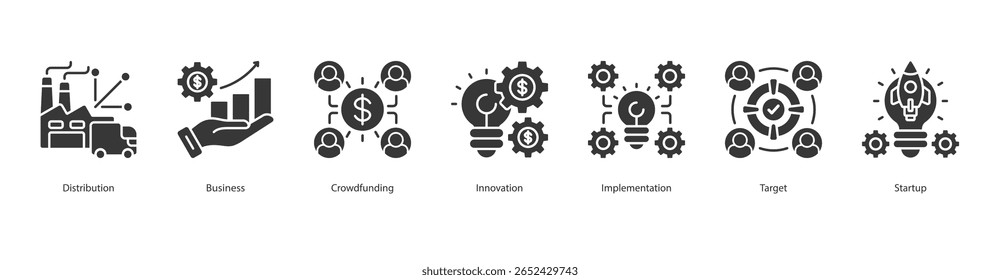Startup Launch Banner Web-Symbol Set Vektorgrafik-Konzept mit Symbol für Distribution, Business, Crowdfunding, Innovation, Implementierung, Ziel, Startup