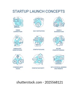 Startup launch blue concept icons set. Fierce competition. Self motivation. Make business plan. Entrepreneurship idea thin line color illustrations. Vector isolated outline drawings. Editable stroke
