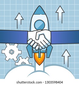 Startup launch, business deal, agreement. Hands handshake, space rocket launch. Poster for social media, web page, banner, presentation. Flat design vector illustration