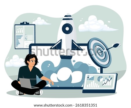 Startup launch concept. An entrepreneur starts a new business with time management and targets. Flat vector illustration.