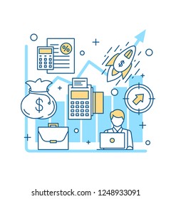 Startup launch concept icon. Business development idea thin line illustration. Profit growth. Income increasing. Goal achievement. Vector isolated outline drawing