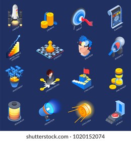 Startup launch concept isometric colorful icons collection with challenge investment strategy research planning  goals isolated vector illustration 