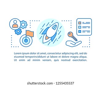 Startup launch concept linear illustration. Solution searching. Business management. Key features. Article, brochure, magazine page layout. Thin line icons with text boxes. Vector isolated drawing