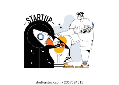 Startup launch concept with people scene in flat line design for web. Man brainstorming, makes business plan, investing in new project. Vector illustration for social media banner, marketing material.