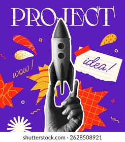 Startup Launch Concept. Retro poster in halftone style with hand holding rocket. Creative idea for new business and project implementation. Abstract vector illustration in pop art style