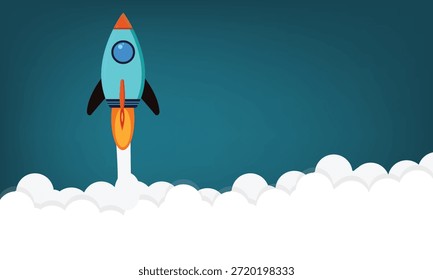 Concepto De Lanzamiento De Startup Con El Cohete Despegando De La Ilustración vectorial Plana De Nubes