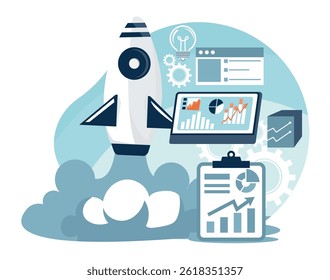 Startup launch concept. Starting a new business with data analysis, charts, graphs and business growth. Flat vector illustration.