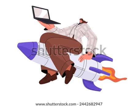 Startup launch concept. Success of project development, management. Employee starts up business, reaching to win. Businesswoman with laptop flies by rocket. Flat isolated vector illustration on white