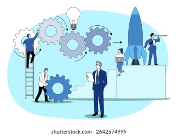 Startup Launch Concept, with teamwork, gears, and light bulb Idea