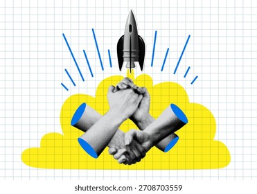 Starten Sie den Computer. Abschluss des Deals. Handschlag von Halbtonhänden vor dem Hintergrund des Raketenabschusses. Halbtonhände in einem Schloss geklemmt. Zeitgenössische Collage. Verbindung, geschäftliche Zusammenarbeit, Teamarbeit