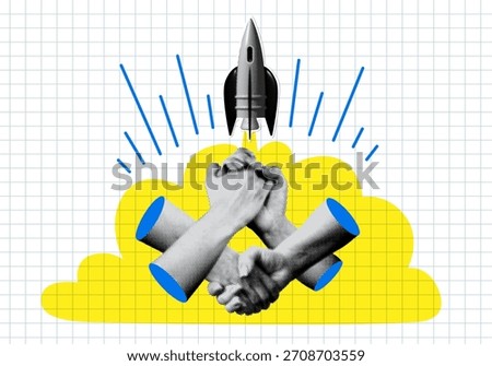 Startup launch. Deal closing. Handshake of halftone hands against backdrop of rocket taking off. Halftone hands clasped in a lock. Contemporary collage. Connection, business collaboration, teamwork