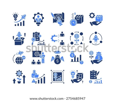 Startup Launch Icon Collection, featuring Startup Business, Co-founder, Prototype, Funding, Venture Capital, Scaling, Product Launch.