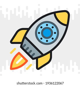 Startup or start-up launch icon. A rocket with a jet engine takes off from the cosmodrome. Simple color version on a light gray background