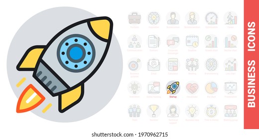 Startup or start-up launch icon. A rocket with a jet engine takes off from the cosmodrome. Simple color version from a series of business icons