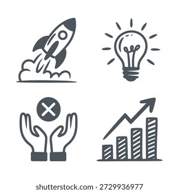 Lanzamiento de Startups e Iconos de Idea - Cohete, Bombilla, Cruz, y Gráfico de Crecimiento