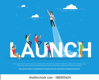 Startup launch illustration of business people working together as team and celebrating success of the startup. Flat people looking at the colleague who got an idea and rises into the sky as a rocket.