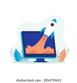 Startup launch illustration. Computer with launched rocket vector. Flat design suitable for many purposes.