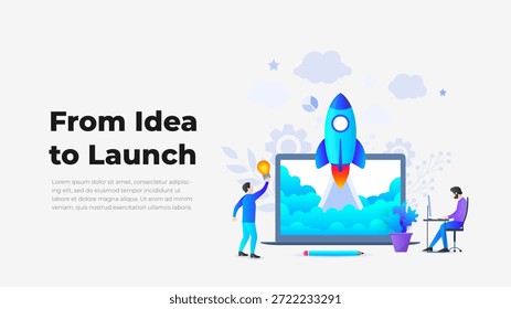 Ilustración de lanzamiento de startups, desde la idea hasta el concepto de Producto, Ilustración vectorial de desarrollo empresarial, proceso creativo e innovación.