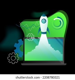 Startup Launch Illustration. Laptop, Rocket Creative Design. Vector illustration
