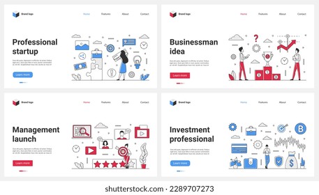 Startup launch and investment, professional idea management set vector illustration. Cartoon tiny businessman holding teamwork target goal, business people work to achieve success, connect puzzle