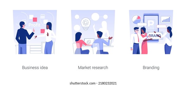 Startup launch isolated concept vector illustration set. Business idea, market research, create brand and trademark, startup investment strategy and funding, analyzing competitors vector cartoon.