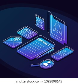 Startup launch isometric color vector illustration. Business development linear icons infographic. Marketing strategy planning, audit 3d concept. Audience research web design on dark blue background