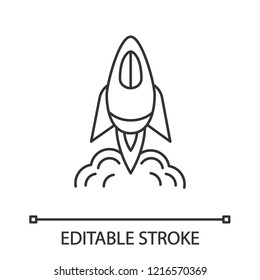 Startup launch linear icon. Start business. Thin line illustration. Rocket, spaceship. Spacecraft. Project management. Contour symbol. Vector isolated outline drawing. Editable stroke