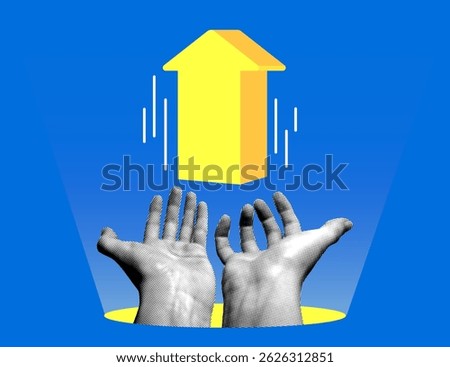 Startup launch. Modern collage with halftone hands and up arrow. Sales growth. Successful business. Financial Strategy. Leadership сoncept. Investment income. Increasing profit