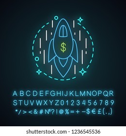 Startup launch neon light concept icon. Business development idea. Spaceship. Growth and improvement. Glowing sign with alphabet, numbers and symbols. Vector isolated illustration