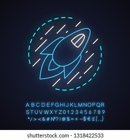 Startup launch neon light concept icon. Business development idea. Spaceship. Growth and improvement. Glowing sign with alphabet, numbers and symbols. Vector isolated illustration