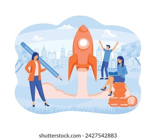 Startup launch new business concept for web page, banner, presentation, social media, business project start. launching a rocket into space. flat vector modern illustration