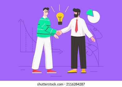 Startup and launch new business modern flat concept. Businessmen making good deal and shaking hands, successful cooperation and partnership. Vector illustration with people scene for web banner design