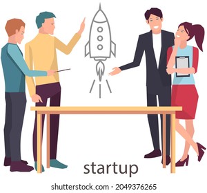 Startup launch of new business project. Start up venture. Development process of new business, entrepreneurship. Teamwork with project creation, startup planning. Colleagues work with strategy