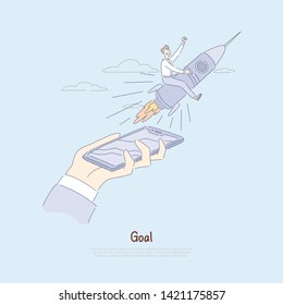 Startup launch, reaching project development, businessman flying on top of rocket, person achieving success banner
