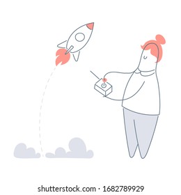 Startup launch, remote rocket launch with radio control. Cute cartoon man  with controller and space ship take-off. Flat line vector illustration on white.