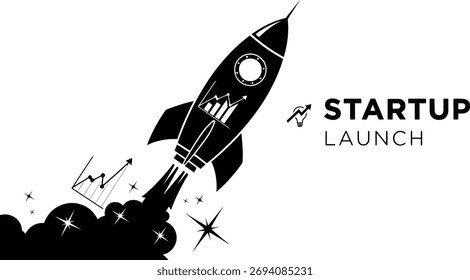 Startup launch rocket ship ascending with growth chart and stars, isolated on white background