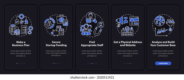 Startup launch steps dark onboarding mobile app page screen. Starting business walkthrough 5 steps graphic instructions with concepts. UI, UX, GUI vector template with linear night mode illustrations