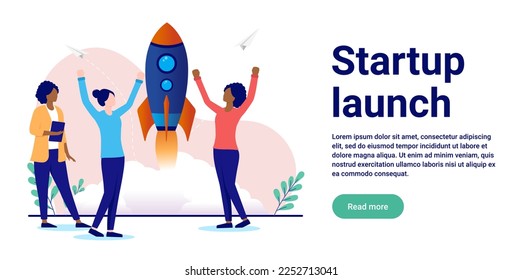 Startup launch - Team of three women only cheering and being excited over launching new business. Flat design vector illustration with white background and copy space for text