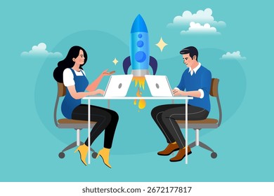 Inicialização e conceito de trabalho em equipe. Uma equipe de empreendedores colabora com notebooks, lançando um foguete que representa um novo negócio, inovação e rápido crescimento.